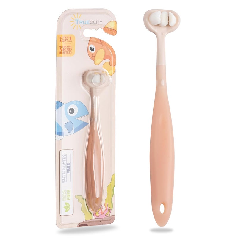 Trueocity Baby Toothbrush 12 Months and Up, Toddler Toothbrush, Extra Soft Toddler Toothbrushes 1-2 2-4, Toothhugger High Efficient 3 Sides,Infant Training Brush, 10,000 Ultra-Soft bristles (Apricot) - Image 1